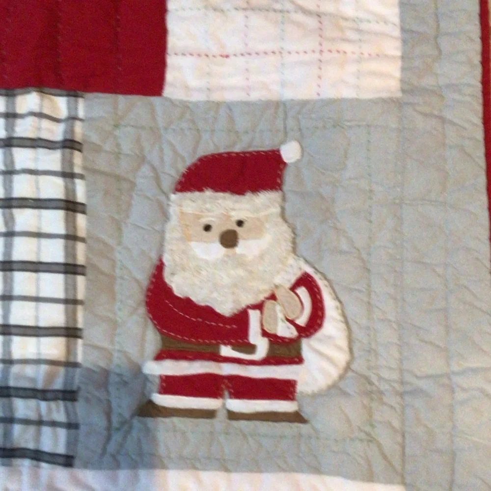 Pottery Barn Kids Holiday Quilt with Santa, Snowman, Reindeer - Red, Green, Gray